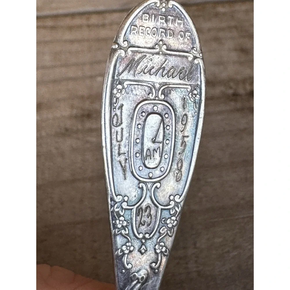 Vtg Silver-Plate WM Rogers‎ Birth Record Baby Spoon Stork Engraved Michael 1958
